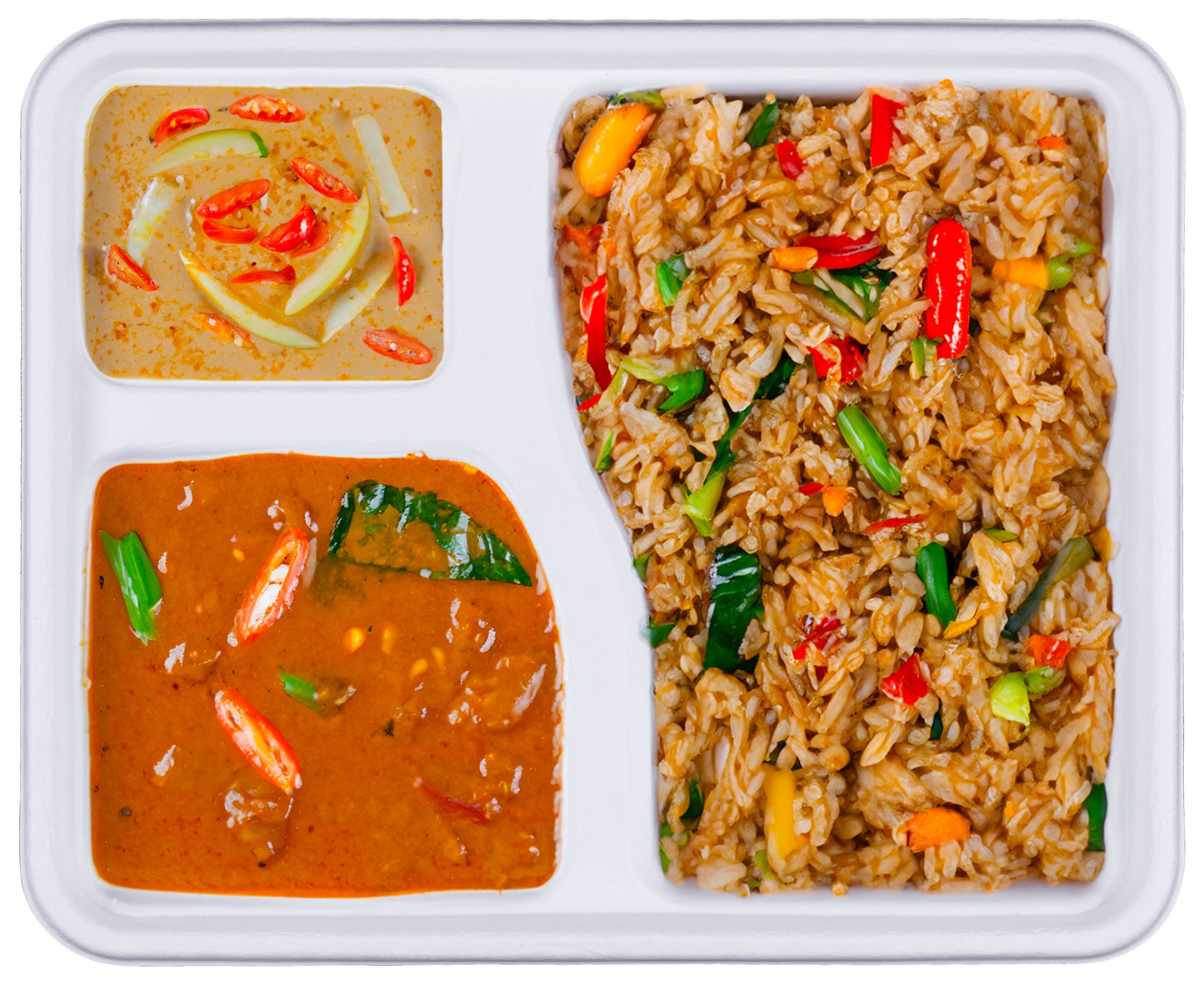 delivery-goods-blue-surface-banana-tomato-avocado-orange-pasta-oil-lentils-beef-curry-rice-veggies-chillies-food-3-Compartment-Meal-Trays-Compostable-Sugarcane-Bagasse-Tray-Plate