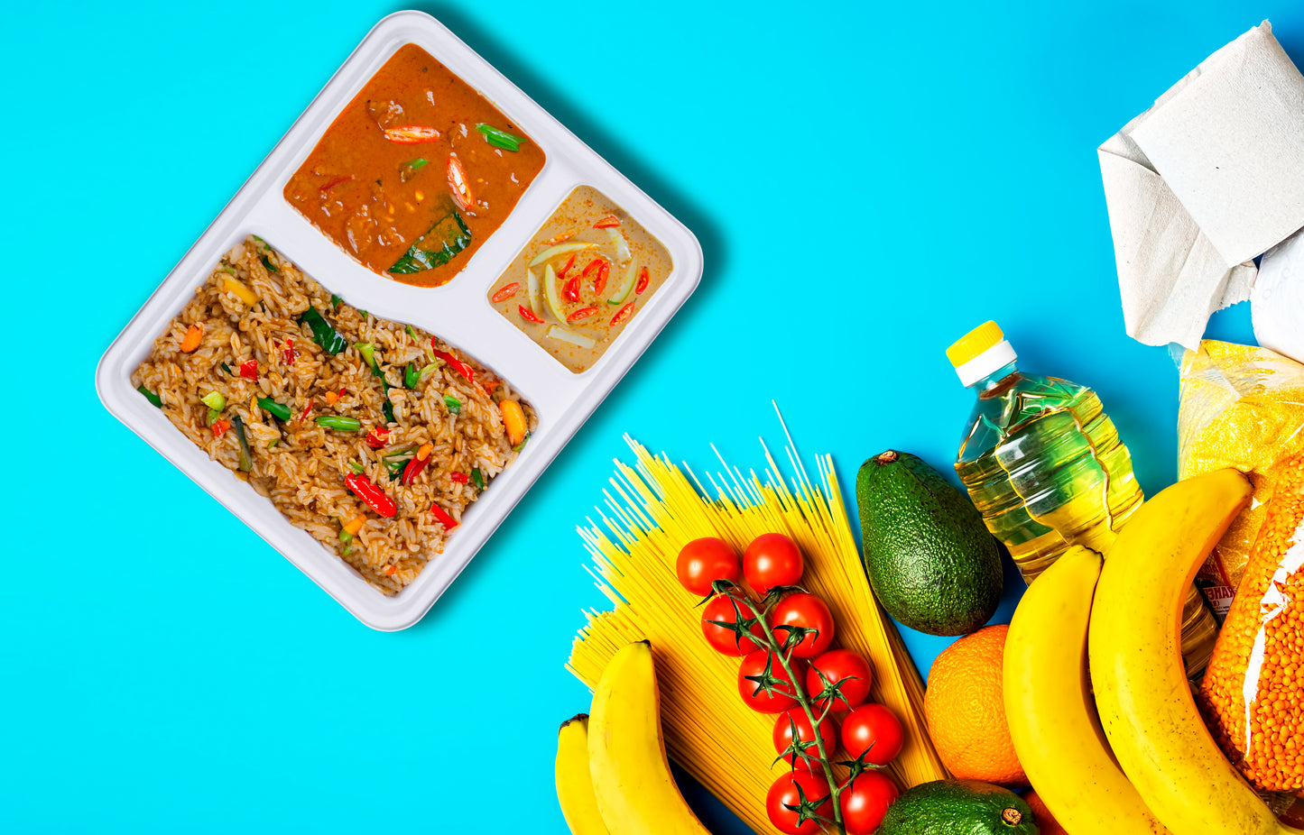 delivery-goods-blue-surface-banana-tomato-avocado-orange-pasta-oil-lentils-beef-curry-rice-veggies-chillies-food-3-Compartment-Meal-Trays-Compostable-Sugarcane-Bagasse-Tray-Plates