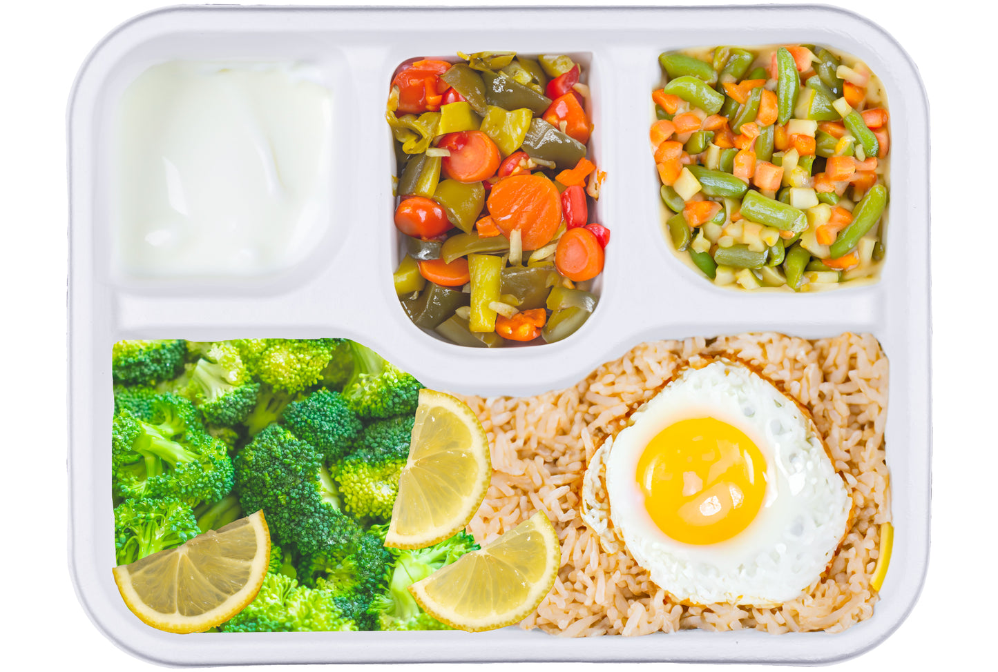 delivery-goods-blue-surface-banana-tomato-avocado-orange-pasta-oil-lentils-egg-salad-lemon-broccoli-chopped-veggies-yoghurt-food-4-Compartment-Meal-Trays-Compostable-Sugarcane-Bagasse-Tray-Plate