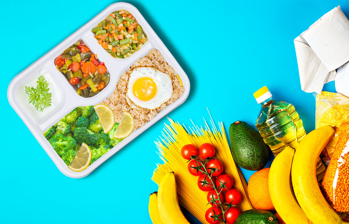 delivery-goods-blue-surface-banana-tomato-avocado-orange-pasta-oil-lentils-egg-salad-lemon-broccoli-chopped-veggies-yoghurt-food-4-Compartment-Meal-Trays-Compostable-Sugarcane-Bagasse-Tray-Plates