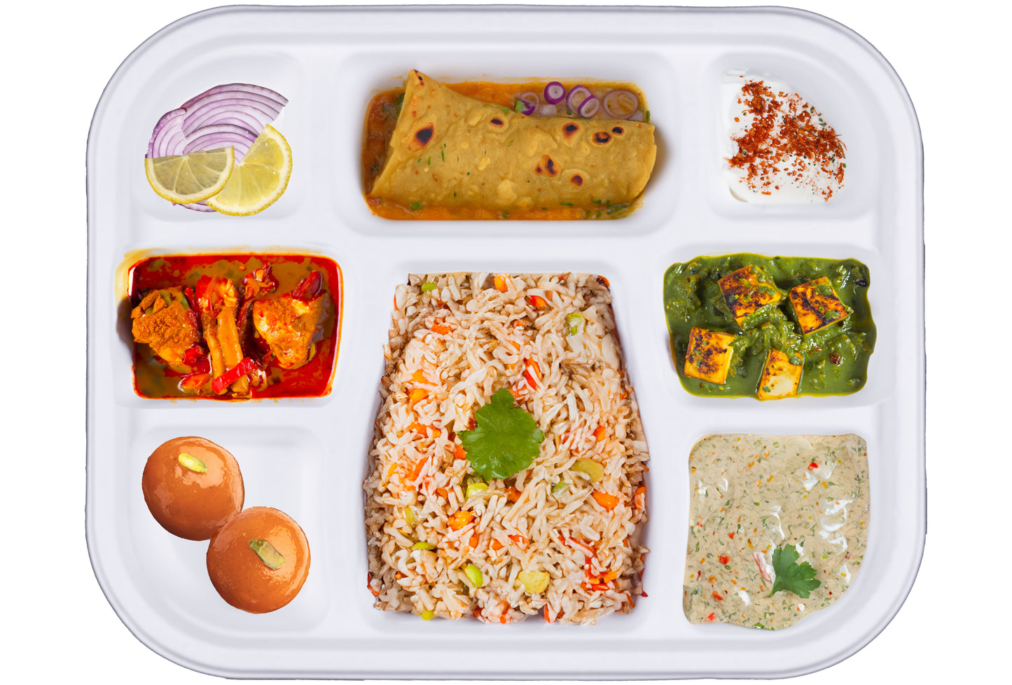 delivery-goods-blue-surface-roti-rice-chicken-curry-onions-lemon-banana-sweet-yogurt-tomato-avocado-orange-pasta-oil-lentils-tofu-food-8-Compartment-Meal-Trays-Compostable-Sugarcane-Bagasse-Tray-Plate