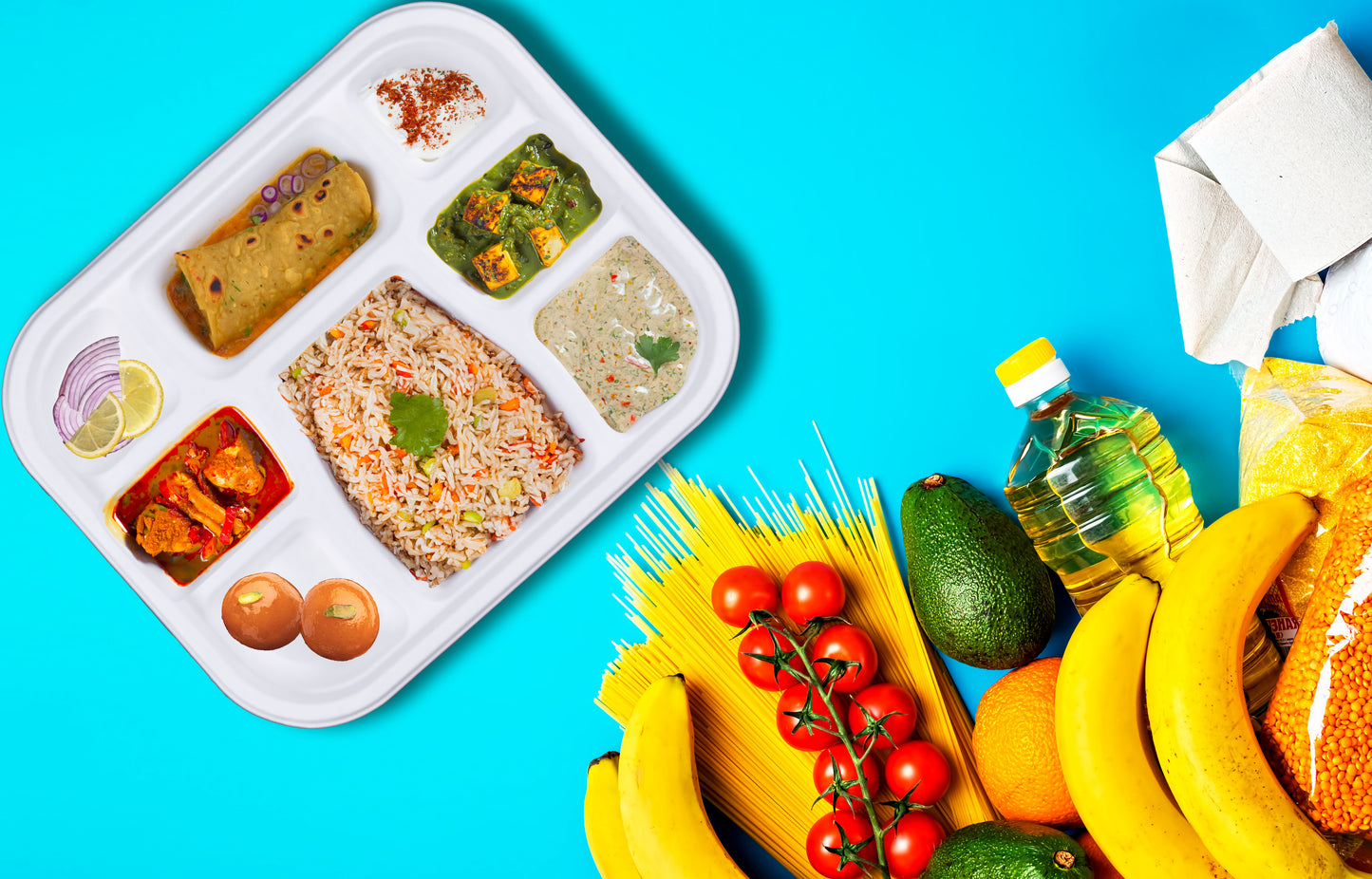 delivery-goods-blue-surface-roti-rice-chicken-curry-onions-lemon-banana-sweet-yogurt-tomato-avocado-orange-pasta-oil-lentils-tofu-food-8-Compartment-Meal-Trays-Compostable-Sugarcane-Bagasse-Tray-Plates