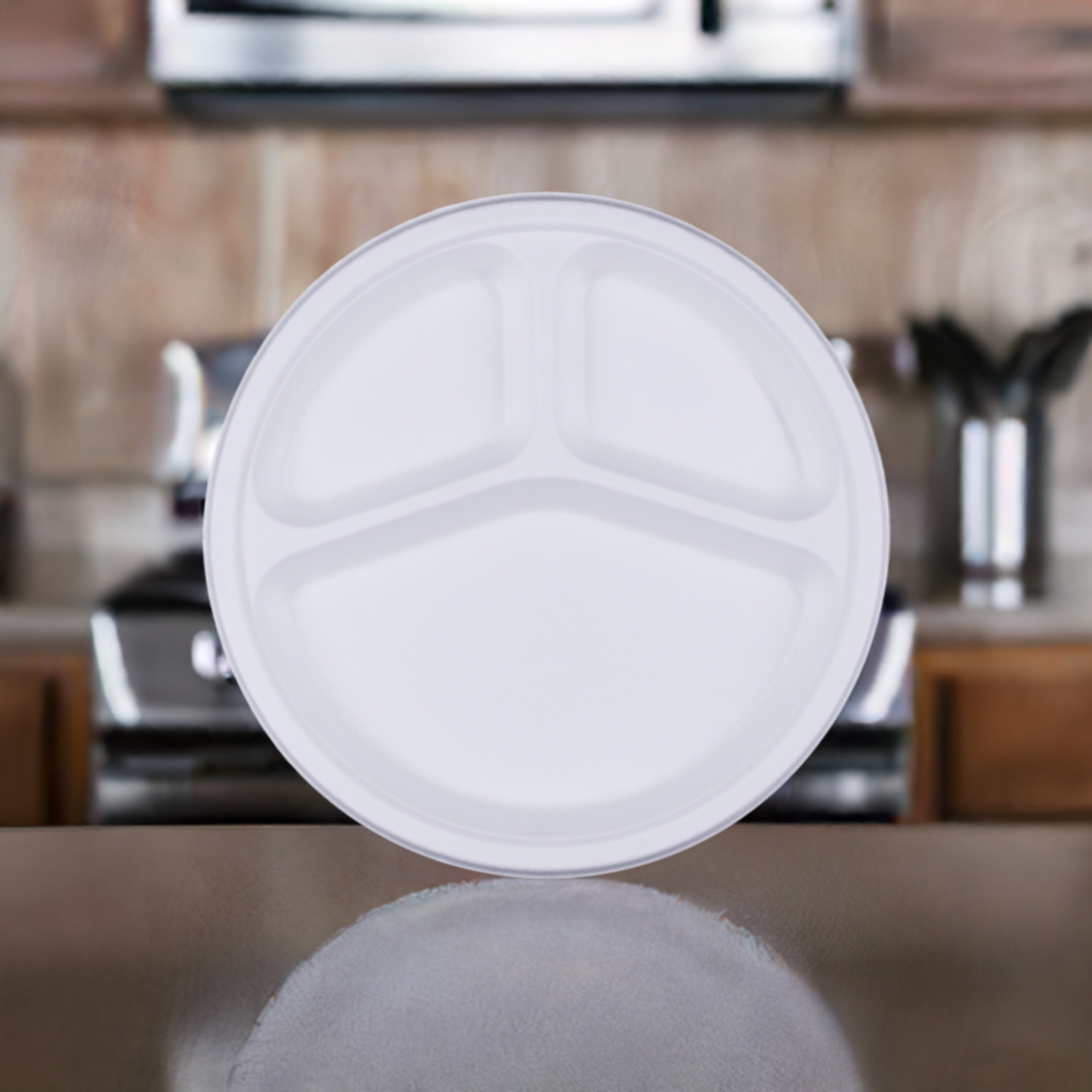 10 Inch 3 Compartment Round Plates Compostable Sugarcane Bagasse Plate