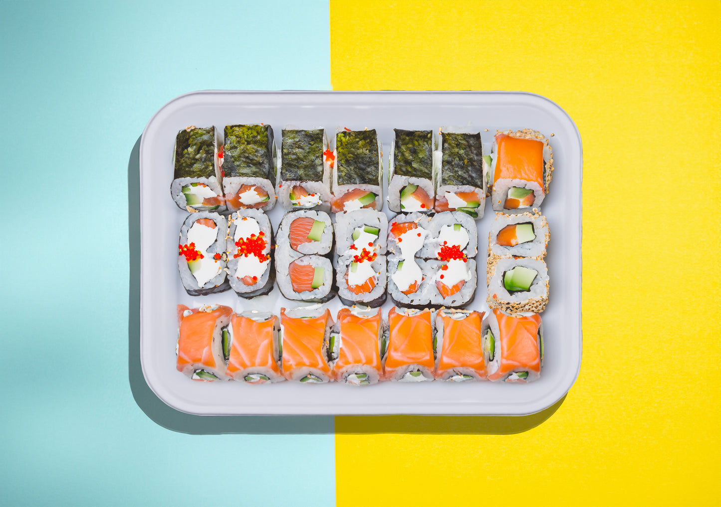 top-view-delicious-pumpkin-soup-sushi-rolls-food-10-Inch-Rectangle-Trays-Compostable-Sugarcane-Bagasse-Tray-Plates