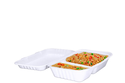 Rice-Chicken-Curry-10x6-Inch-2-Compartment-Clamshells-Compostable-Sugarcane-Bagasse-Clamshell