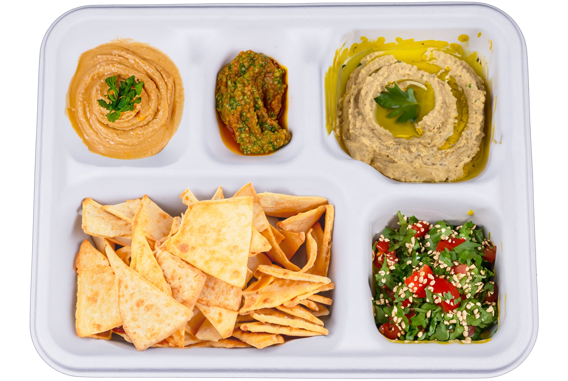 delivery-goods-blue-surface-banana-tomato-avocado-orange-pasta-oil-lentils-hummus-pita-chips-tabouleh-tahini-labneh-baba-ganoush-food-5-Compartment-Meal-Trays-Compostable-Sugarcane-Bagasse-Tray-Plate