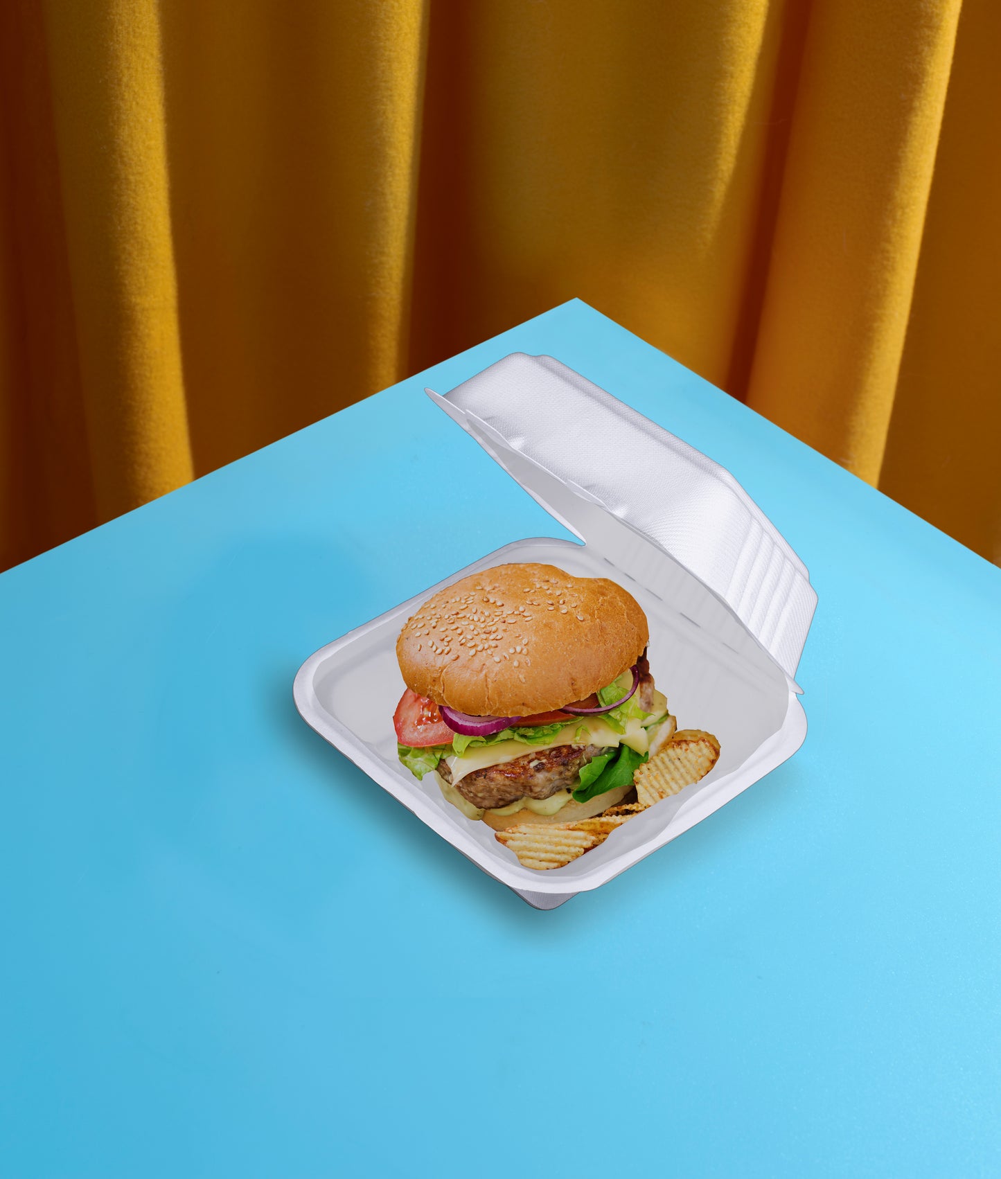 high-angle-delicious-food-burger-ham-hamburger-6x6-Inch-Clamshells-Compostable-Sugarcane-Bagasse-Clamshells