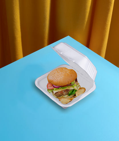 high-angle-delicious-food-burger-ham-hamburger-6x6-Inch-Clamshells-Compostable-Sugarcane-Bagasse-Clamshells