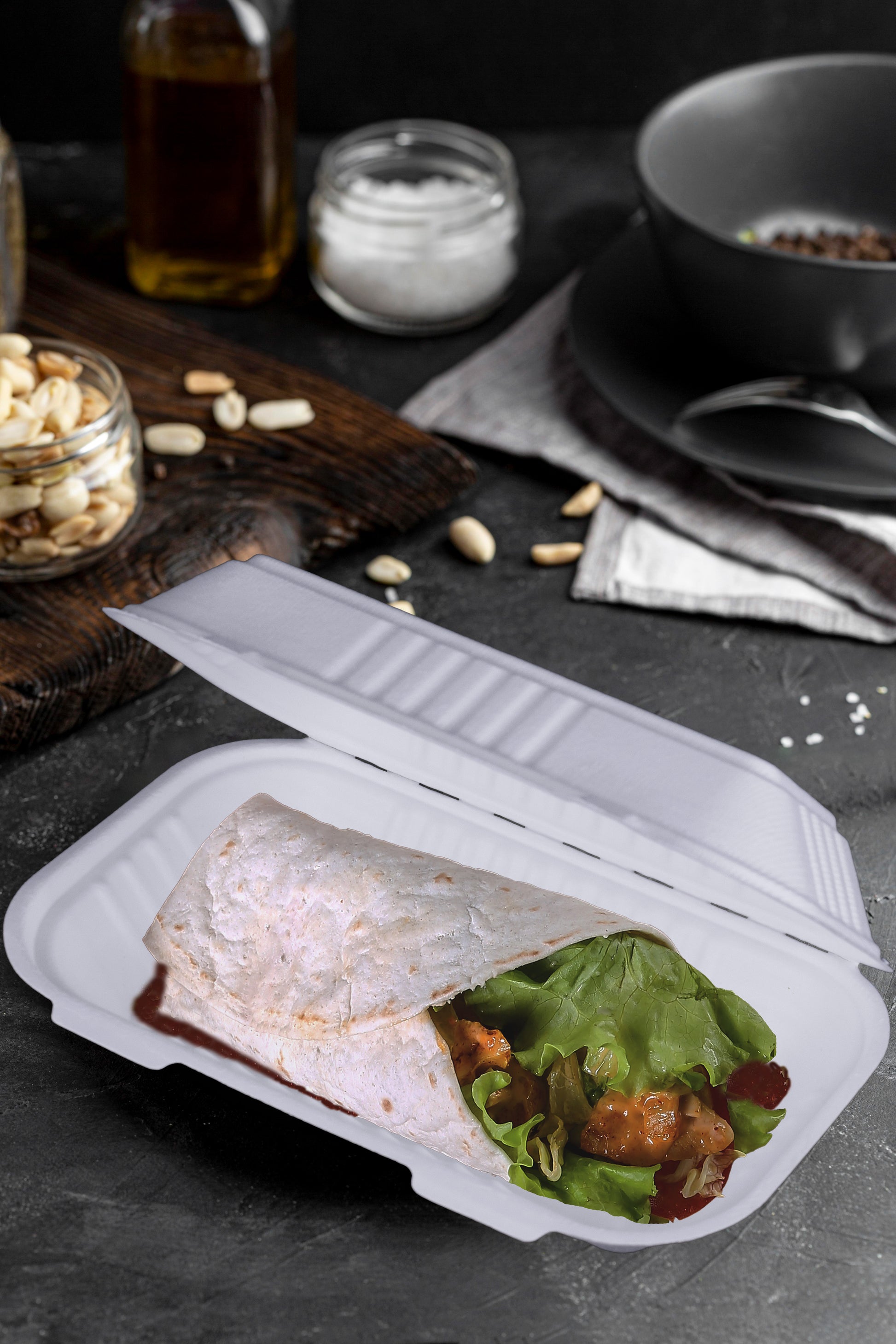 high-view-delicious-salad-burrito-dark-table-food-9x6-Inch-Clamshells-Compostable-Sugarcane-Bagasse-Clamshells